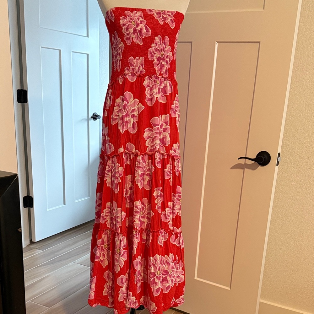 Floral Strapless Red Maxi Dress